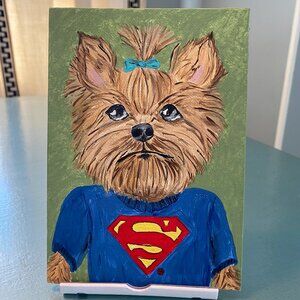 Yorkie Dog in Superman T-shirt